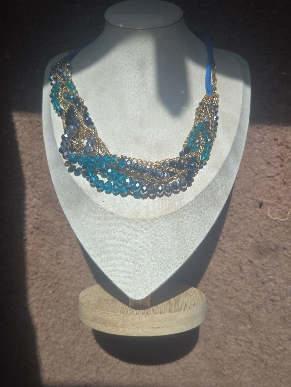 Vintage Y2k Multi-Strand Blue Crystal Beaded & Gold Chain Statement Necklace